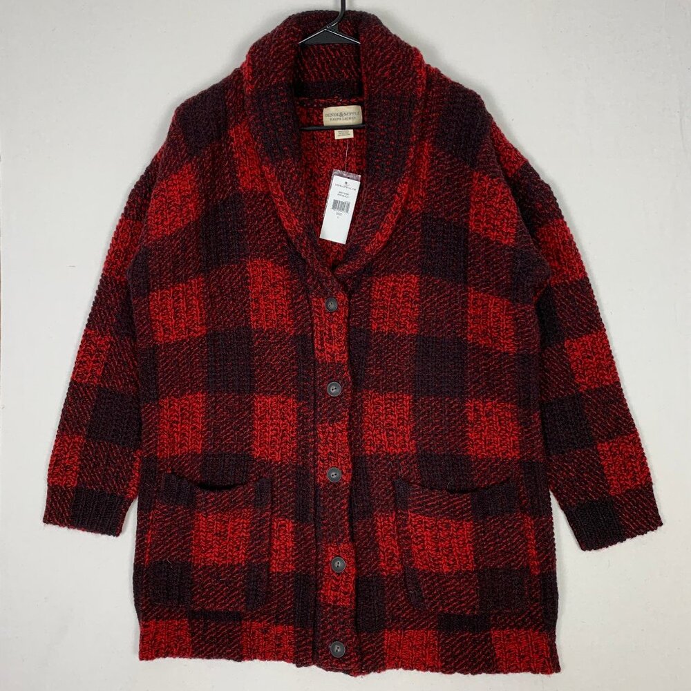 Denim & Supply Ralph Lauren Red Buffalo Plaid 100% Wool Shawl Cardigan NWT